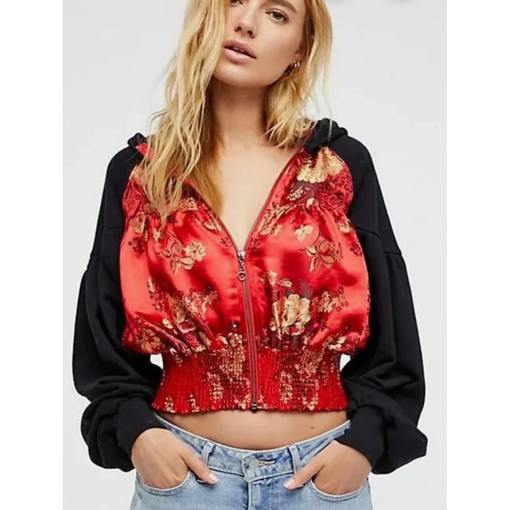 Free People Gabbie Hoodie Jacket M Red Gold Brocade Smocked Satin Boho Y2K
